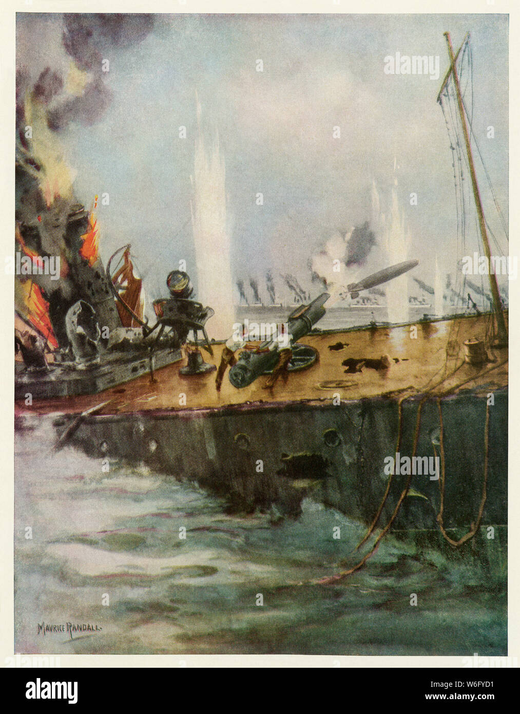 HMS Shark firing its last torpedo, battle of Jutland, World War I. Color halftone of an illustration Stock Photo