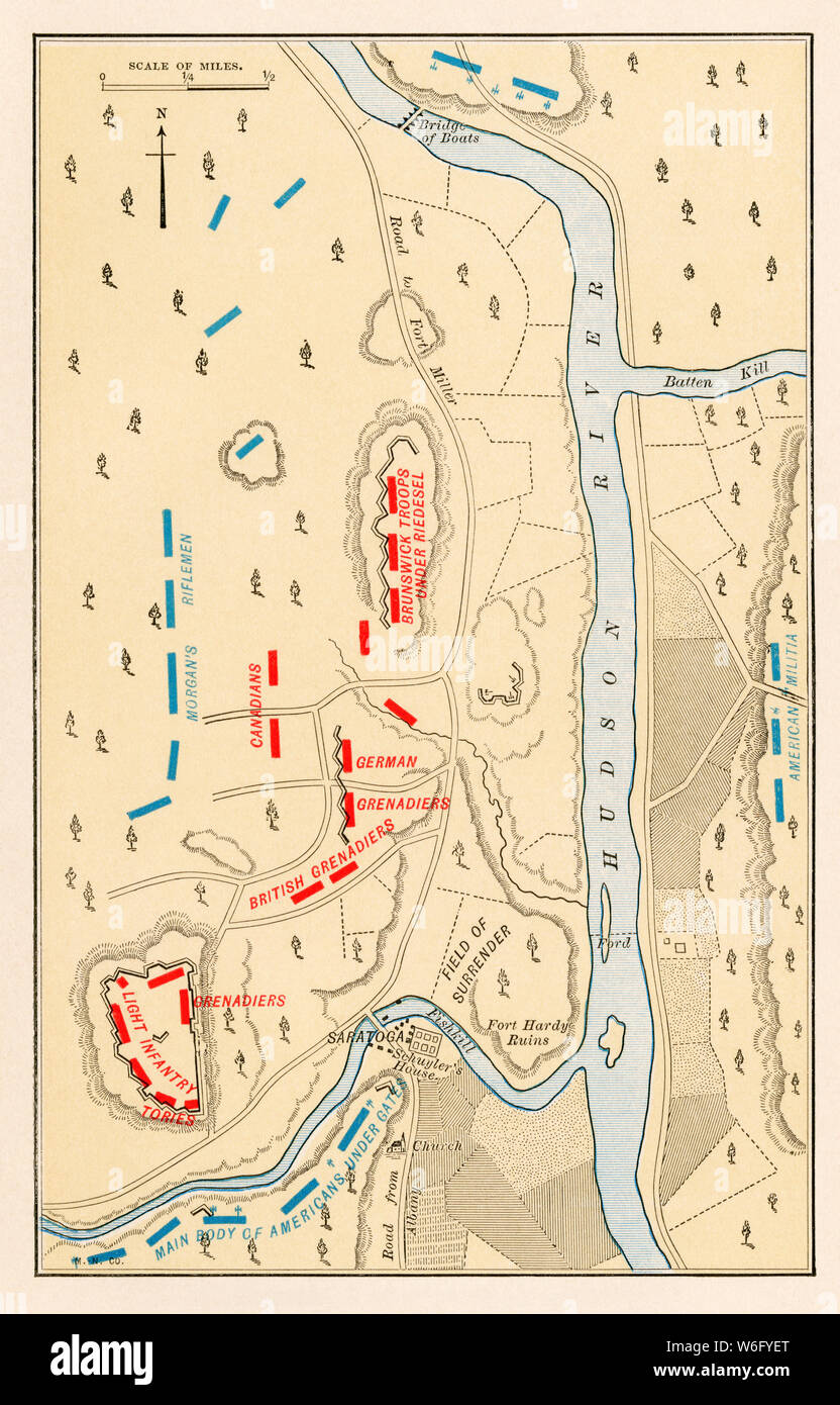 Saratoga battlefield map of Burgoyne's surrender, Revolutionary War. Color lithograph Stock Photo