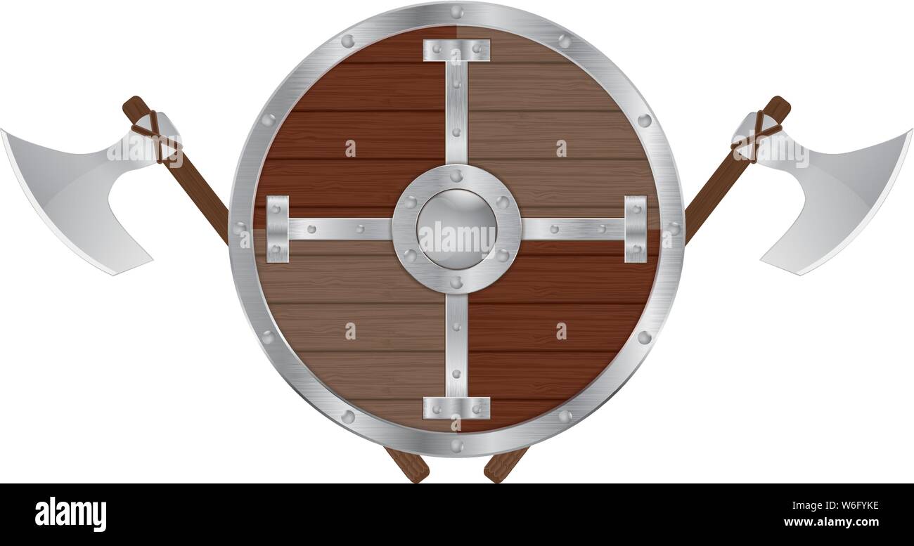 Round wooden shield with axes Stock Vector