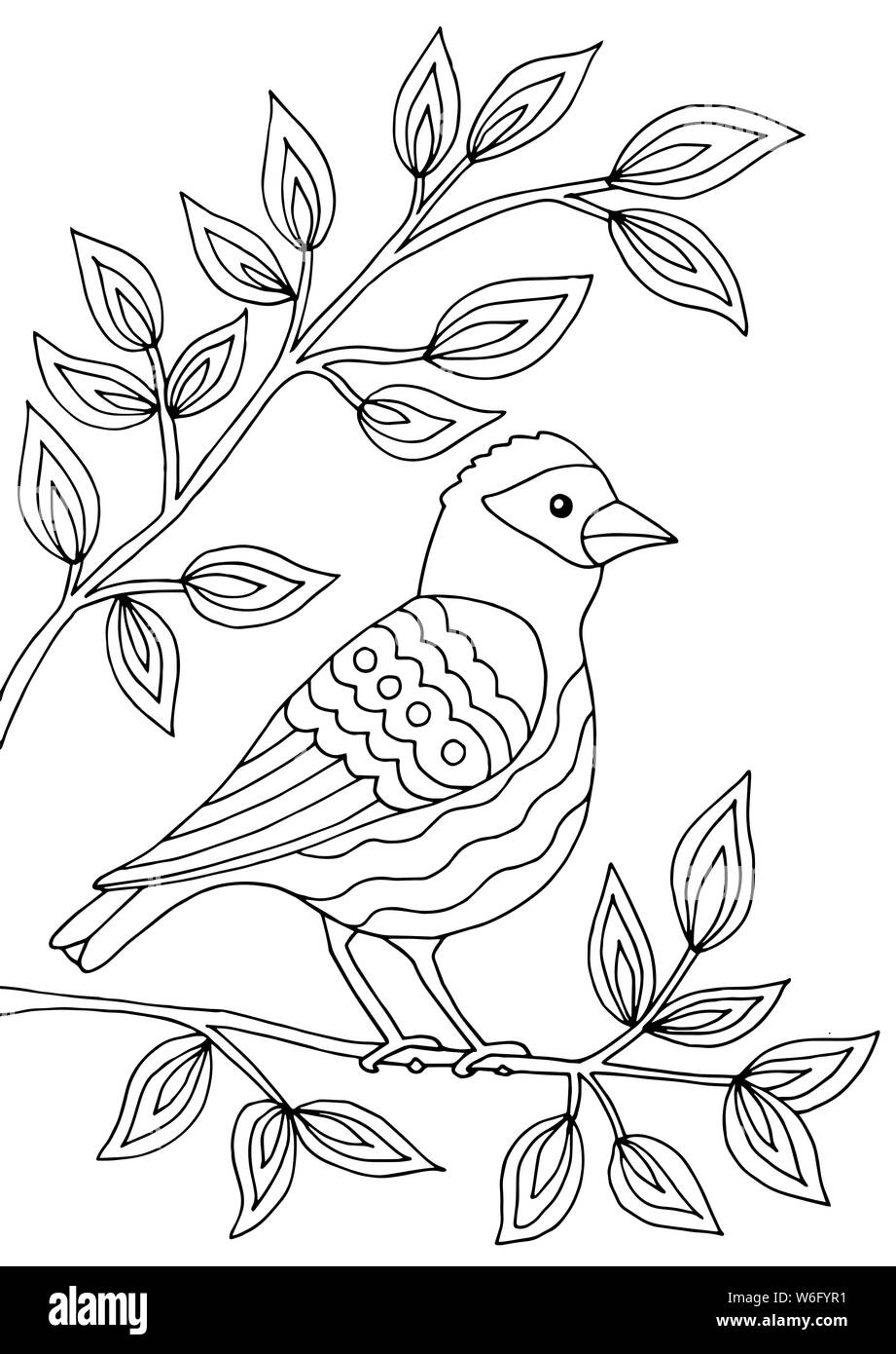Bird sitting on a branch of a flowering tree, coloring page for ...