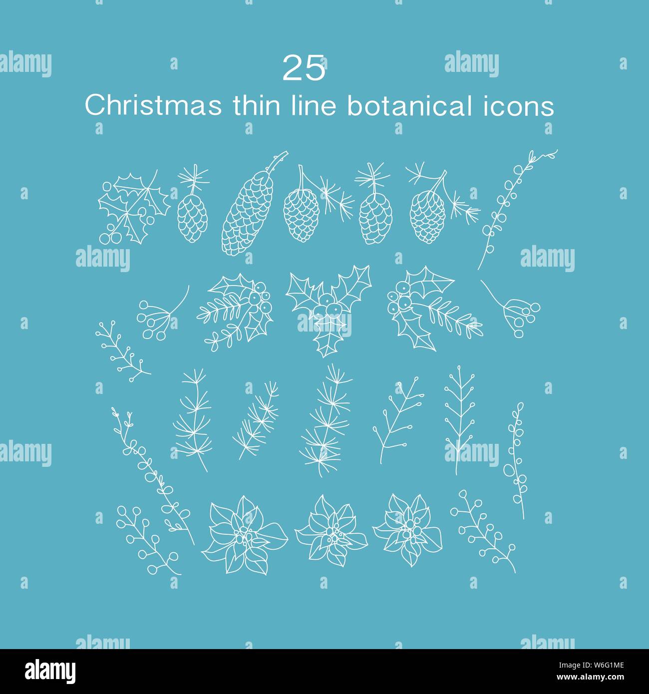 Set of 25 Christmas botanical symbols. Thin line vector icons. Xmas ...