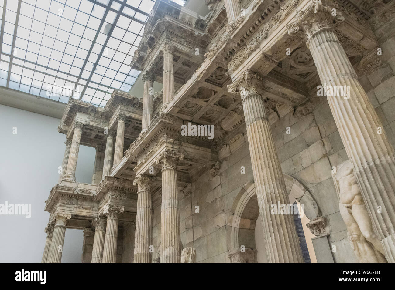 BERLIN, GERMANY - SEPTEMBER 26, 2018: Close up and detailed view of the Architecture of antiquity, the Market gate of Miletus with greek columns Stock Photo