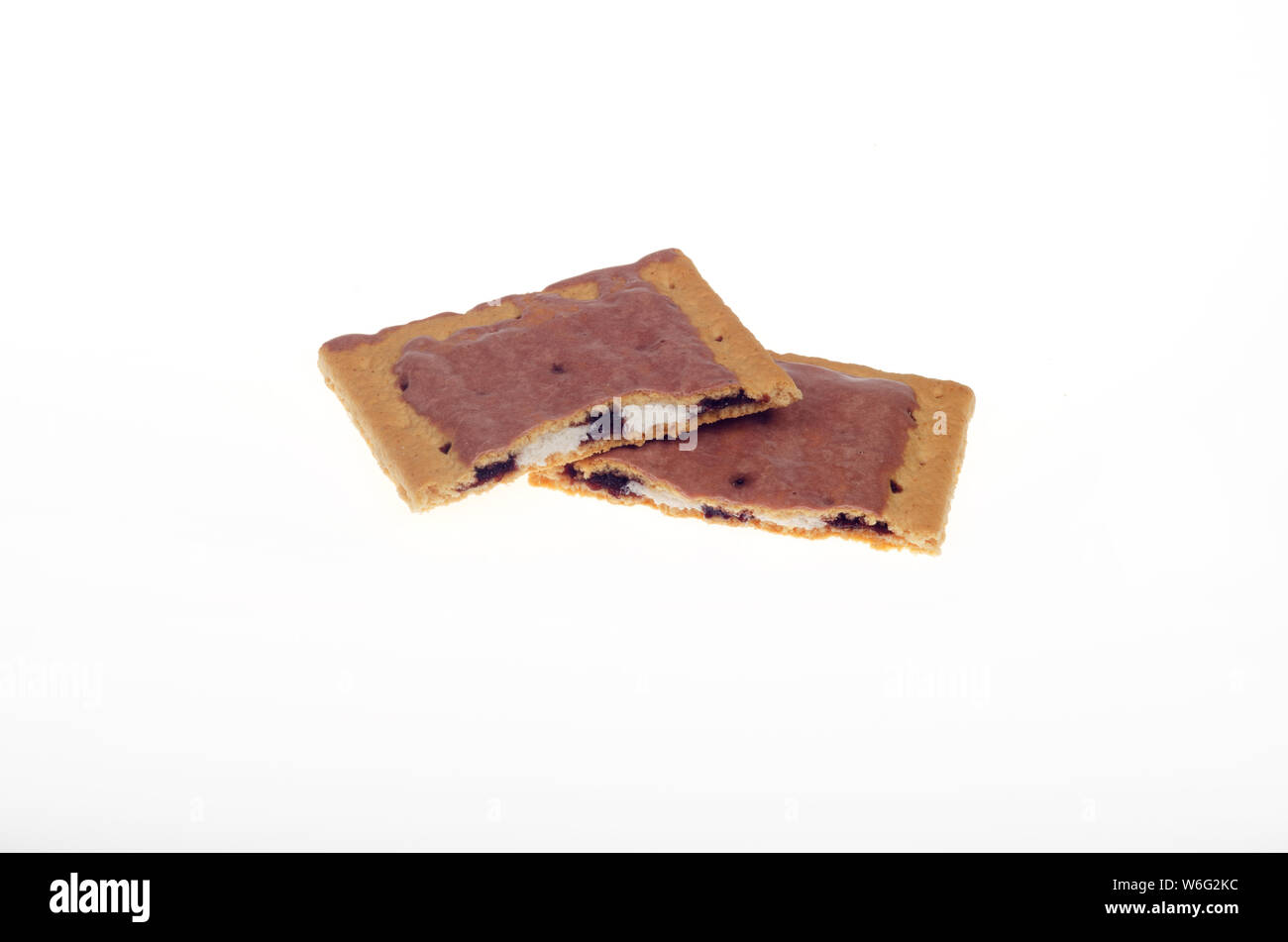 Kellogg’s Chocolate frosted S’mores Pop-Tart broken in half showing filling inside toaster pastry Stock Photo