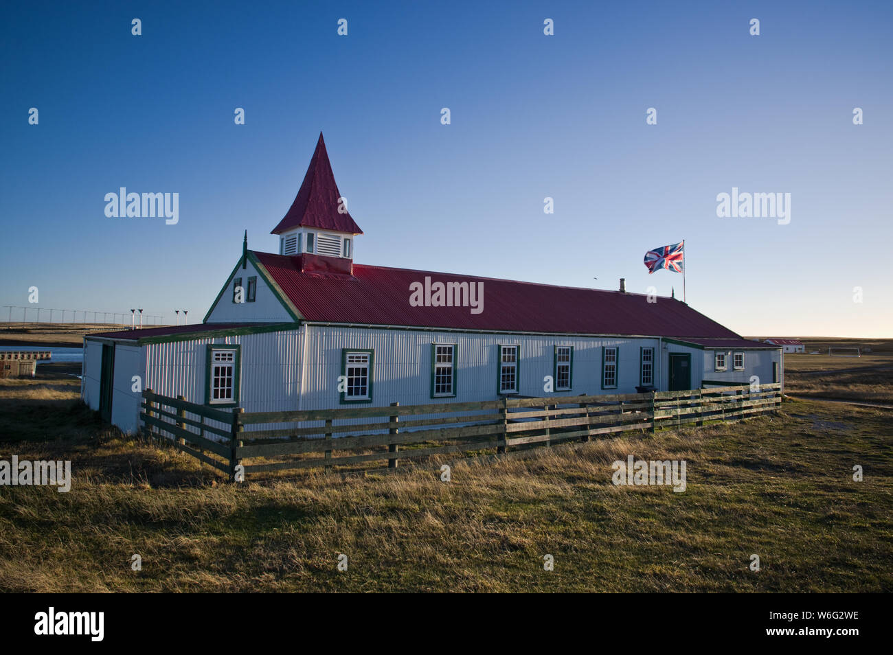 The town hall at Goose Green, second largest settlement on the Falkland Islands, where islanders were held prisoner by Argentine forces in 1982. Stock Photo