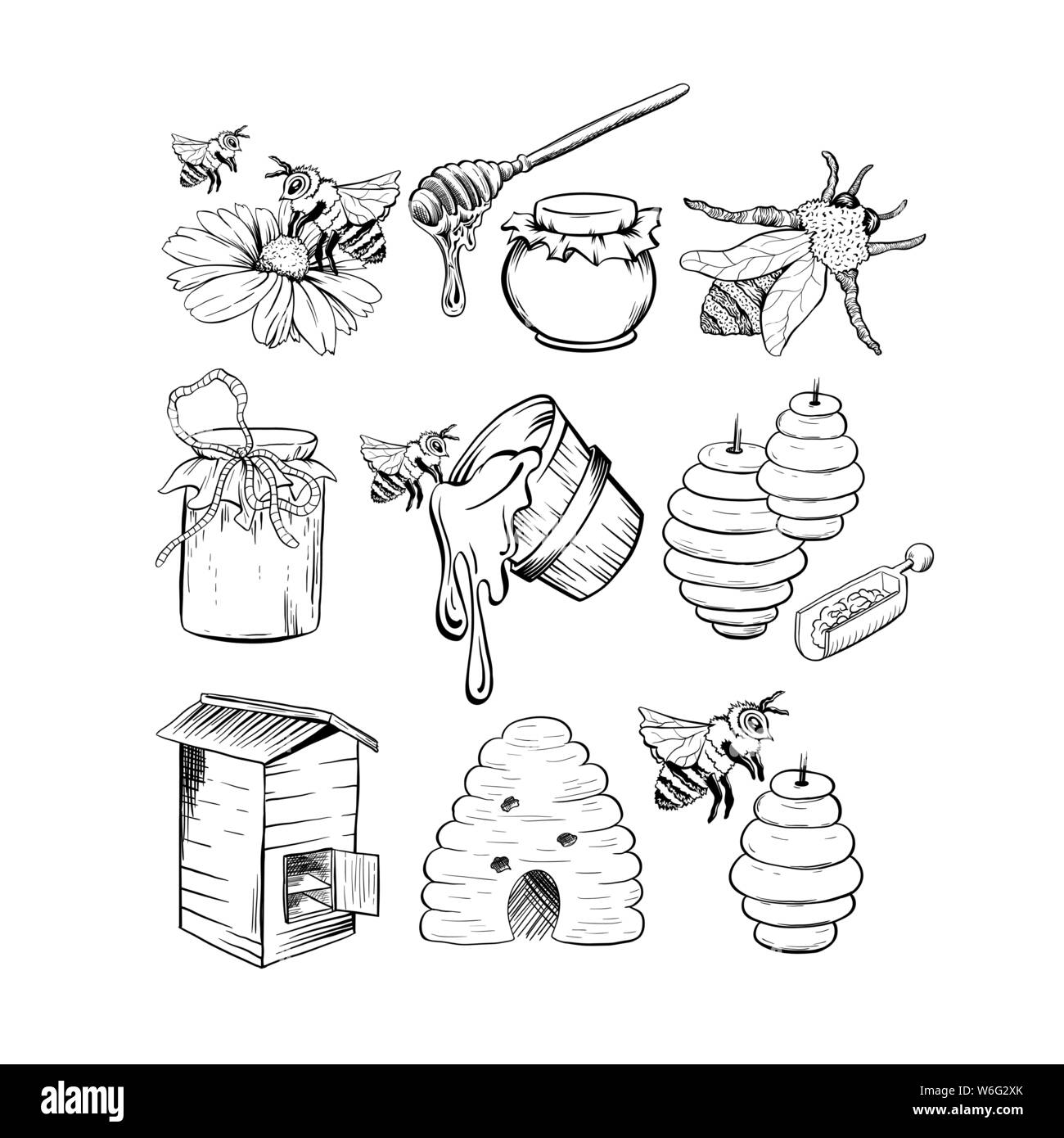 Honey Sketches Set Bee Hive Honey Jar Barrel Pot Spoon And