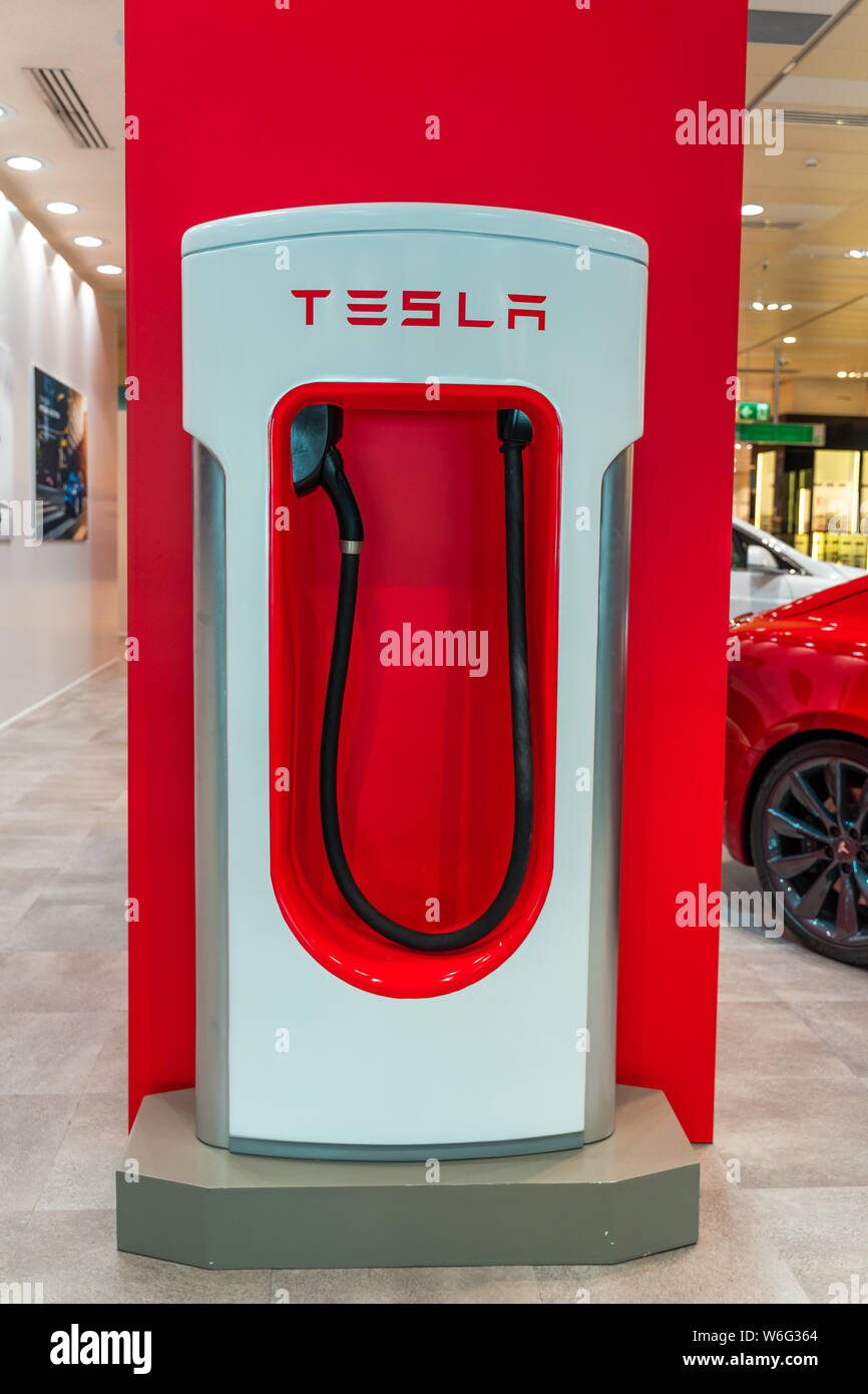 Valencia, Spain July 21, 2019 Tesla Supercharger station. Electric