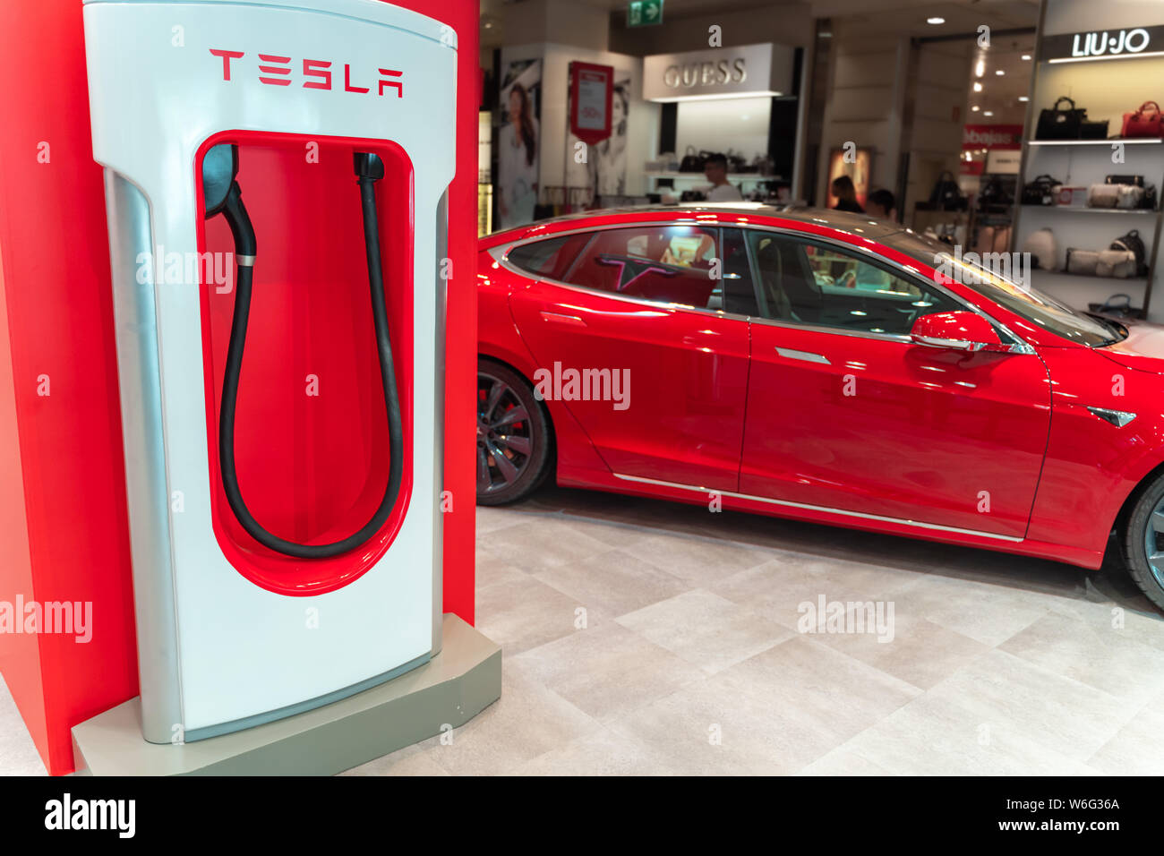 Valencia, Spain - July 21, 2019: Tesla Supercharger station. Tesla Model S  Electric car charging . Ecology friendly vehicles Stock Photo - Alamy