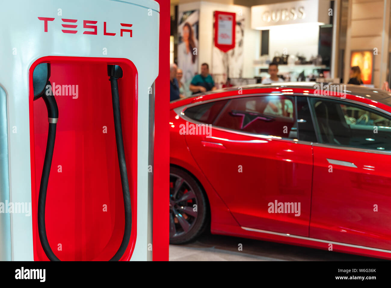 Valencia, Spain July 21, 2019 Tesla Supercharger station. Tesla
