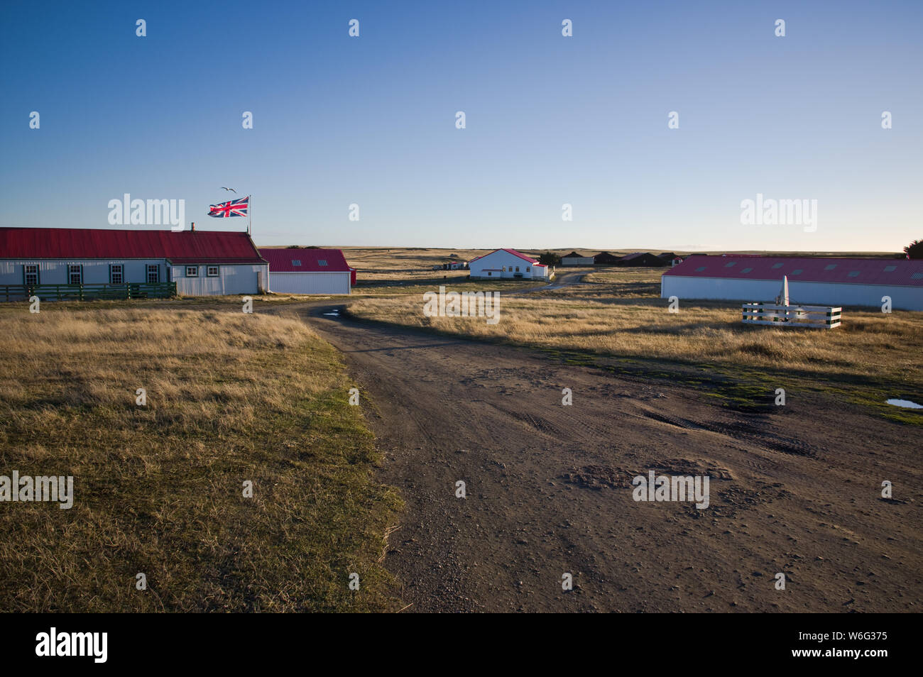 Buildings at Goose Green, second largest settlement on the Falkland Islands. Stock Photo