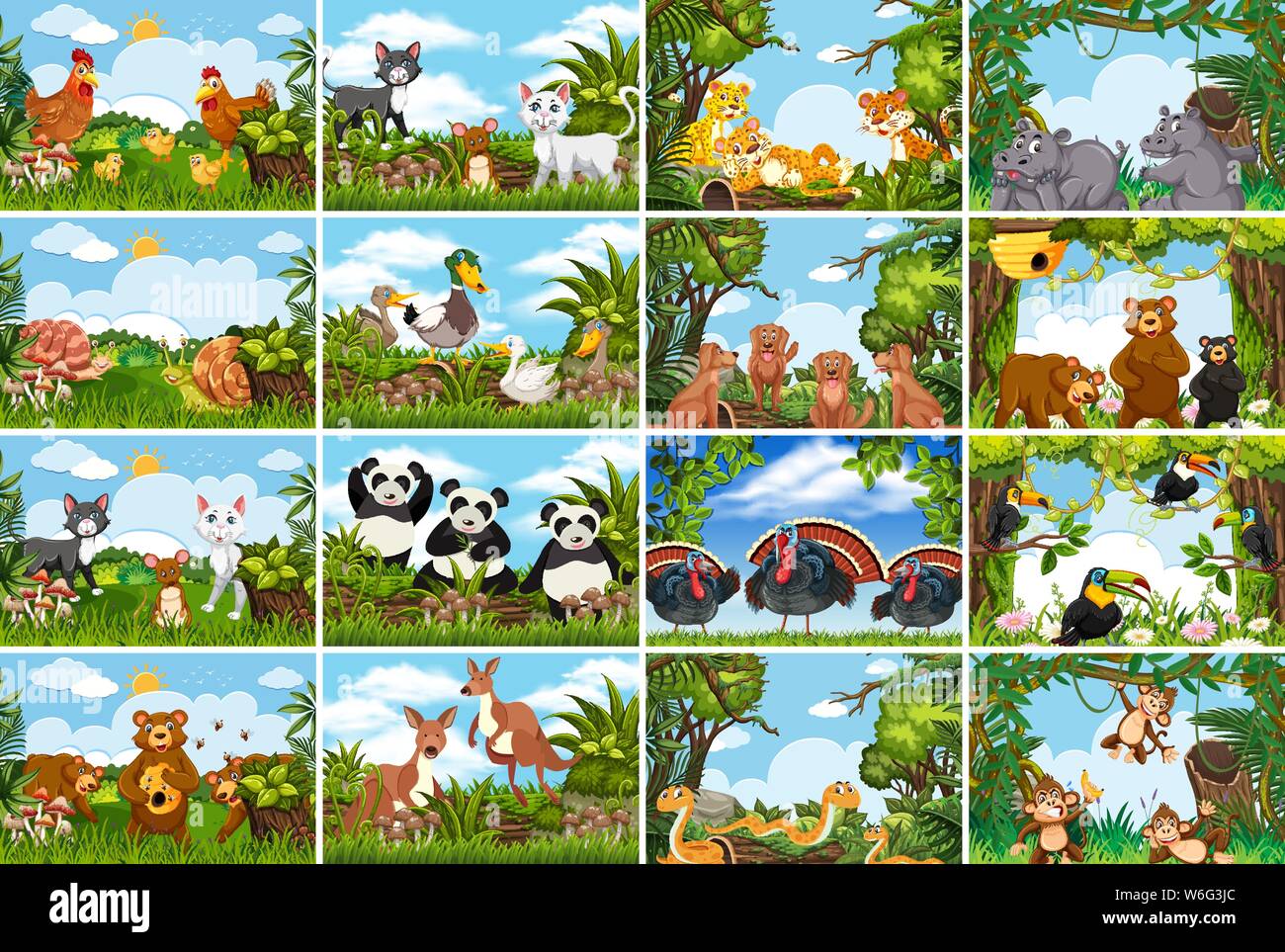 Set of various animals in nature scenes illustration Stock Vector