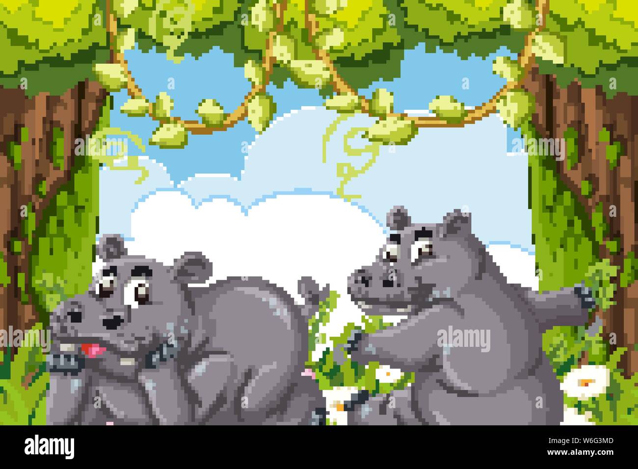 Cute hippos in jungle scene illustration Stock Vector Image & Art - Alamy