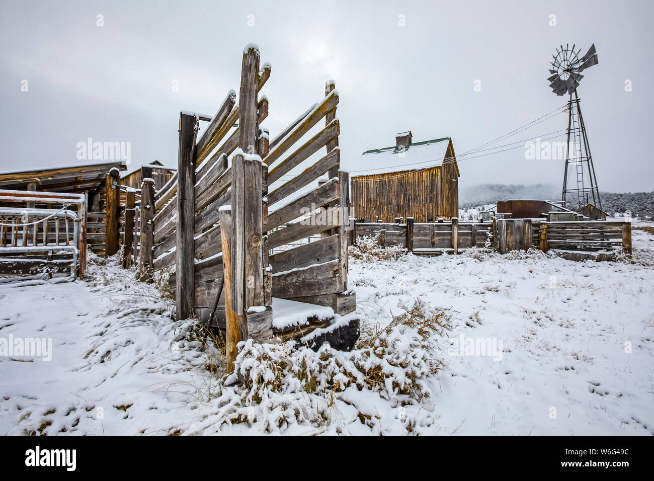 Farmyard covered in snow; Denver, Colorado, United States of America Stock Photo