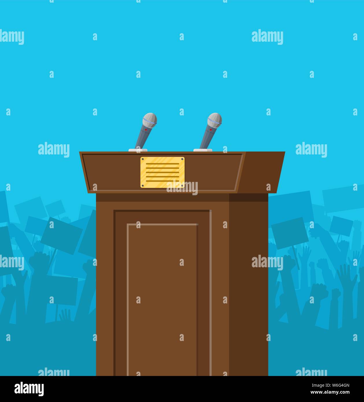 Brown wooden rostrum with microphones for presentation. Stand, podium ...