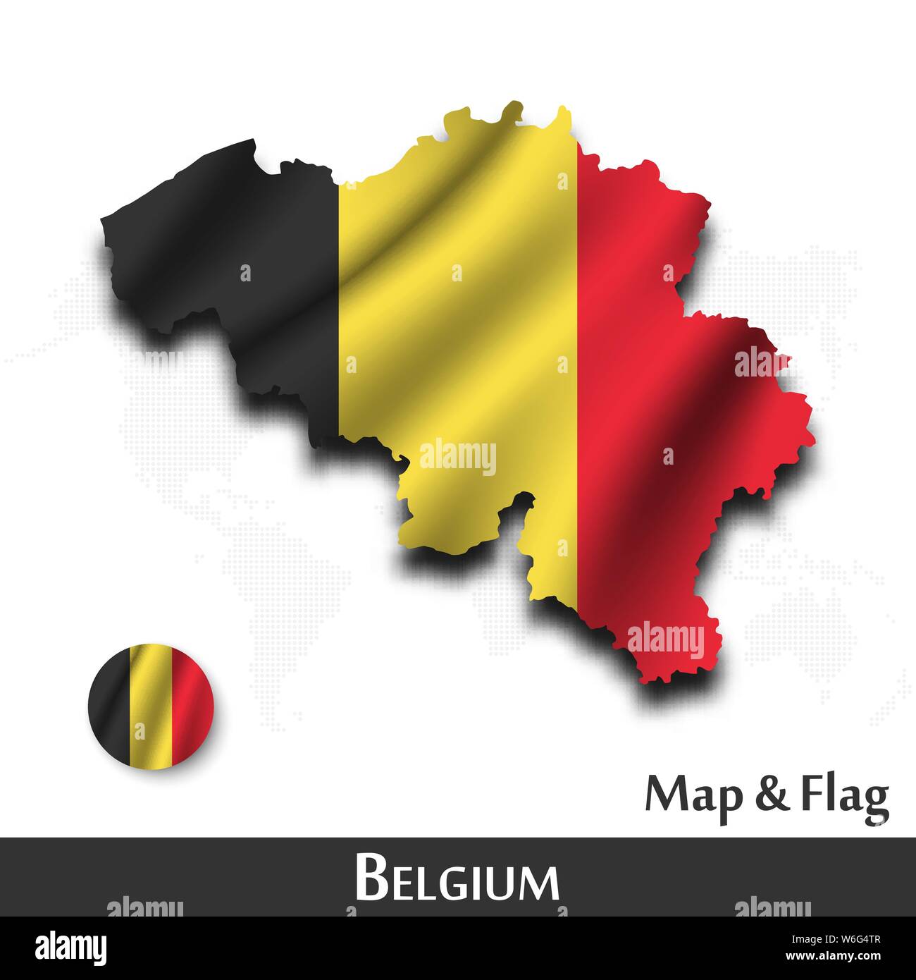 Belgium map and flag . Waving textile design . Dot world map background ...