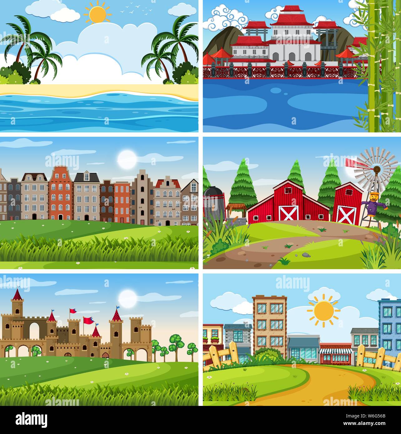 A set of outdoor scene including building illustration Stock Vector ...