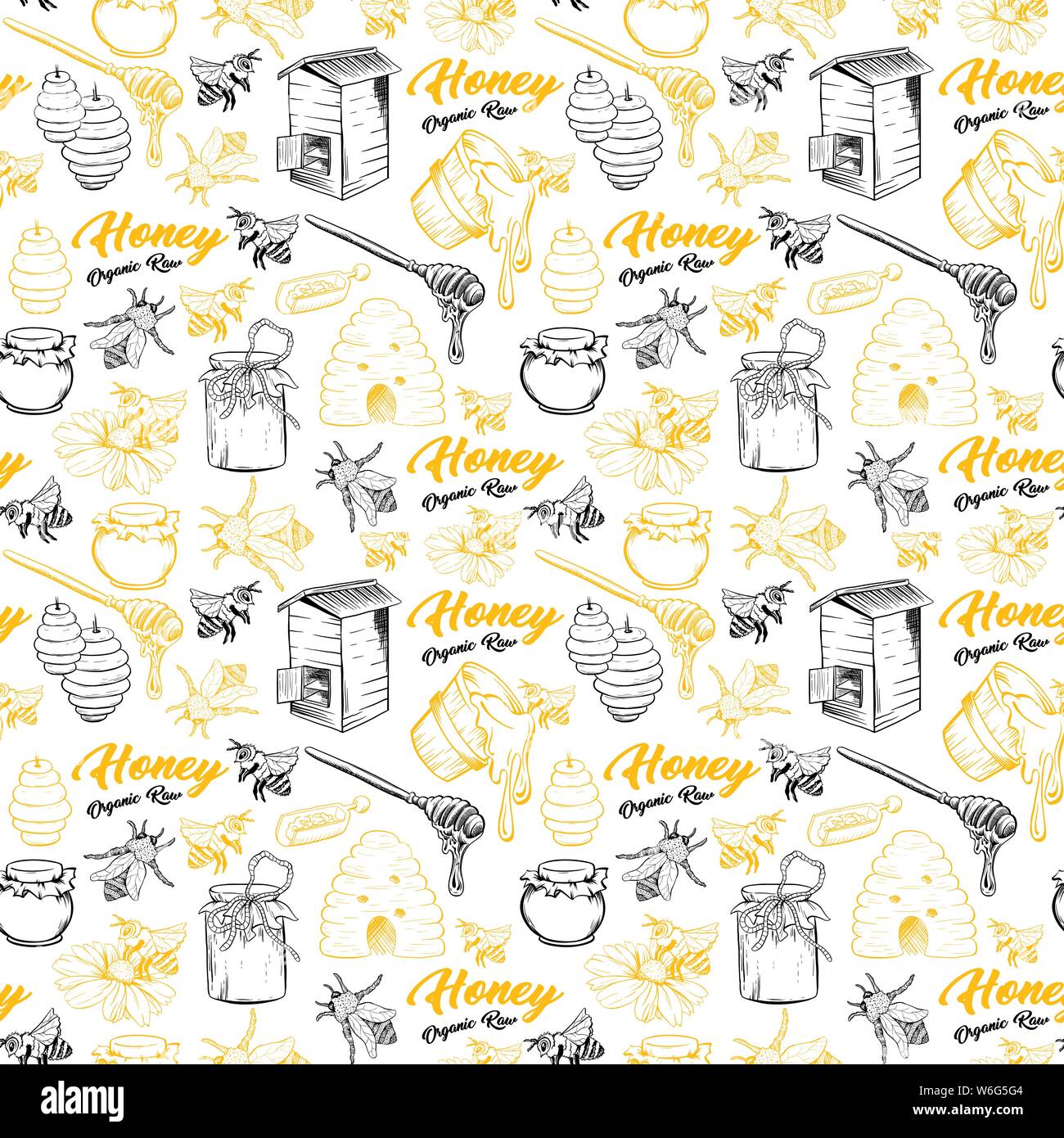 Honey Bee, Honeycomb And Jar Image Seamless Pattern Design In Sketch ...
