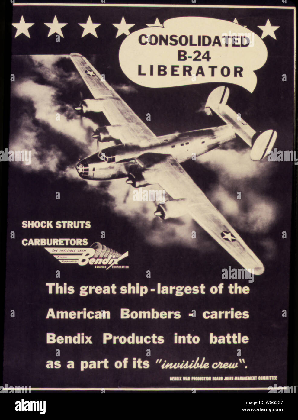 Consolidated B-24 Liberator. This great ship - largest of the American Bombers - carries Bendix Products into battle as a part of its invisible crew. Stock Photo