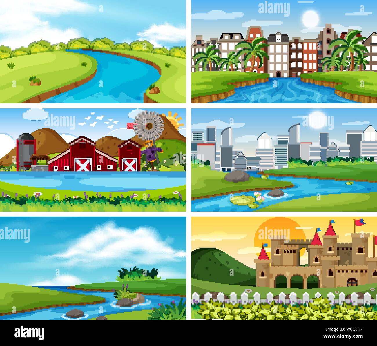 A set of outdoor scene including river illustration Stock Vector Image ...