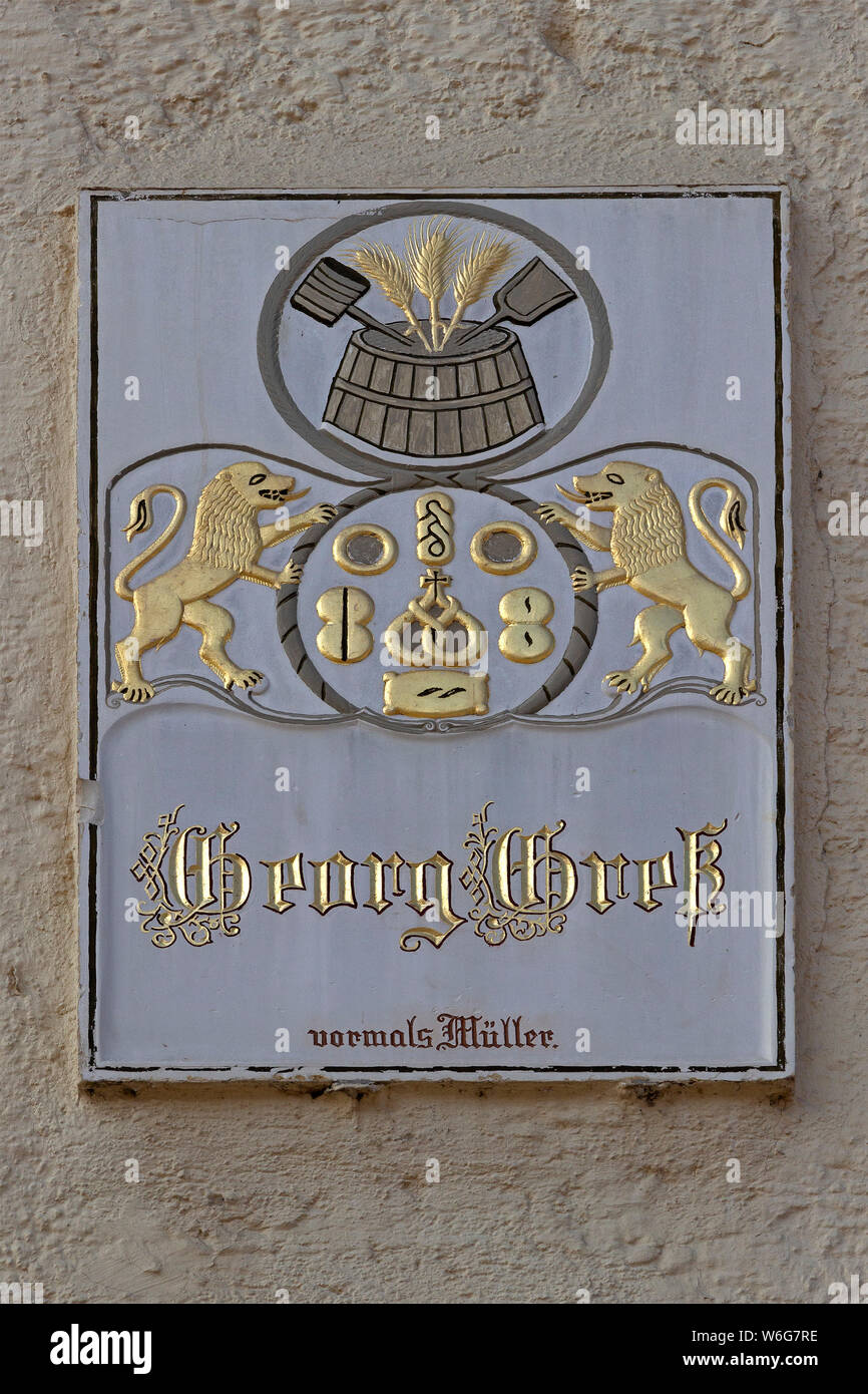 coat of arms on house wall, Zwiesel, Bayerischer Wald, Bavaria, Germany Stock Photo