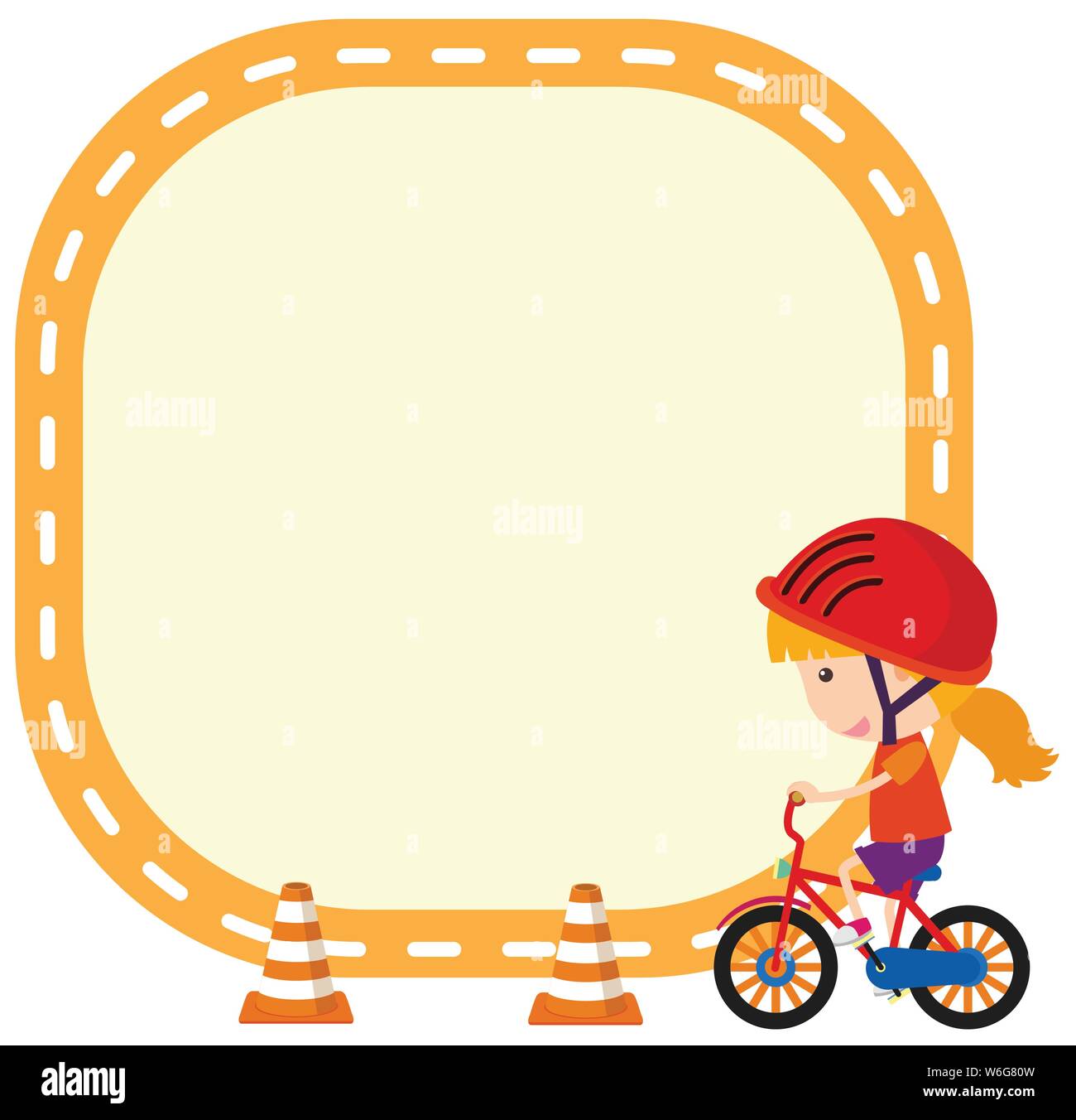 Frame design template with girl riding bicycle illustration Stock Vector