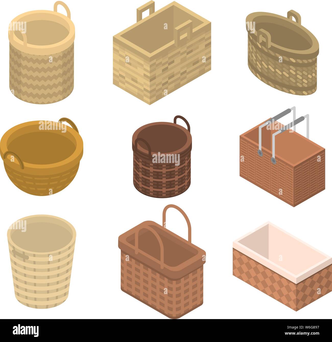 Wicker icons set, isometric style Stock Vector