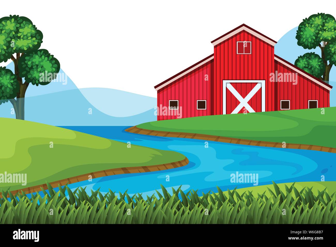 Scenery background of red barn on the farmland illustration Stock Vector