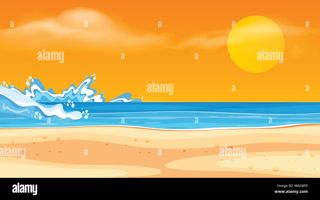 Landscape background design with ocean and sunset illustration Stock ...