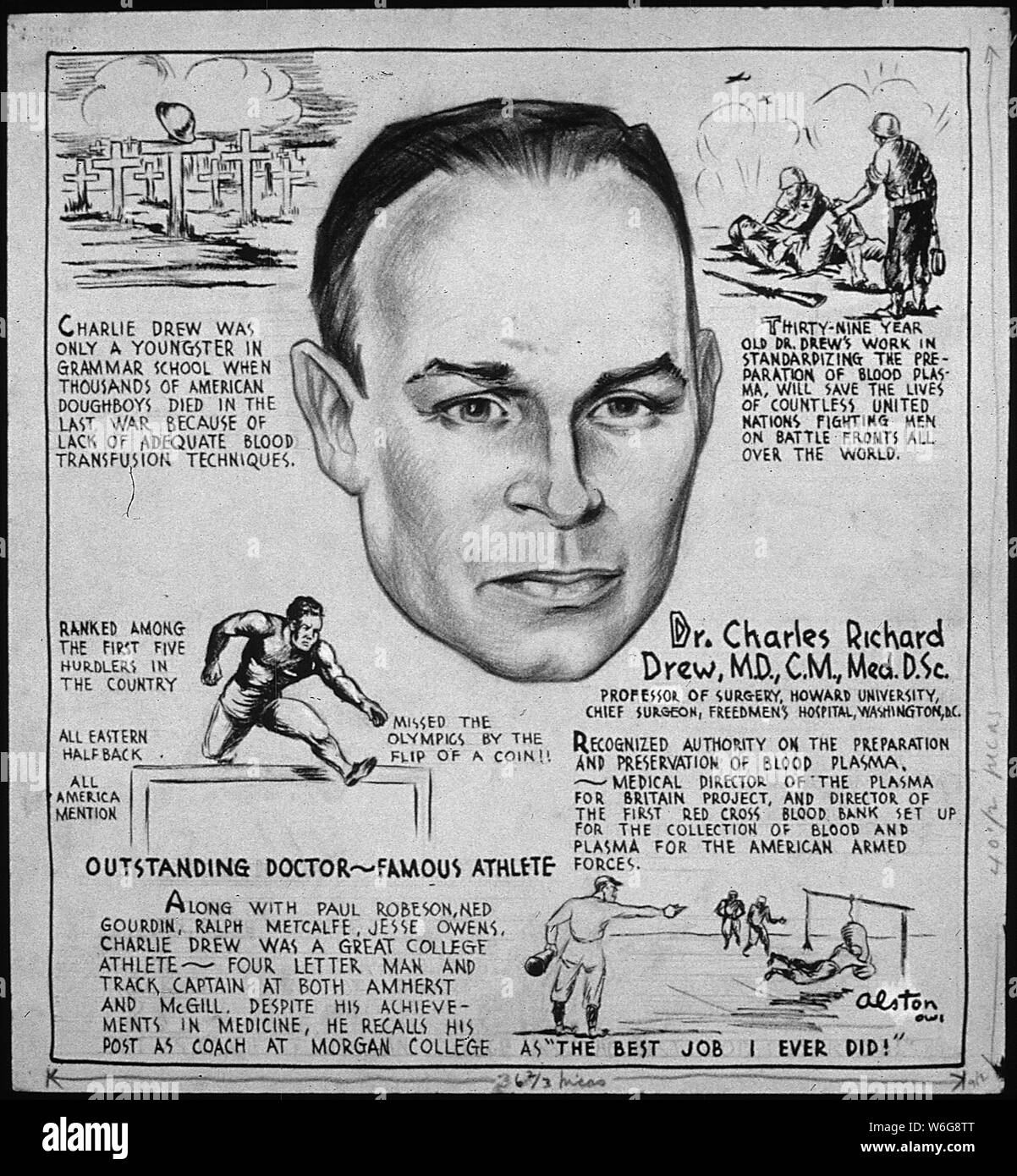 DR. CHARLES RICHARD DREW, M.D., C.M., MED. D.Sc. - PROFESSOR OF SURGERY, HOWARD UNIVERSTITY, CHIEF SURGEON, FREEDMESN'S HOSPITAL, WASHINGTON, D.C.; Scope and content:  Dr. Charles Drew - with biographical paragraphs. Stock Photo