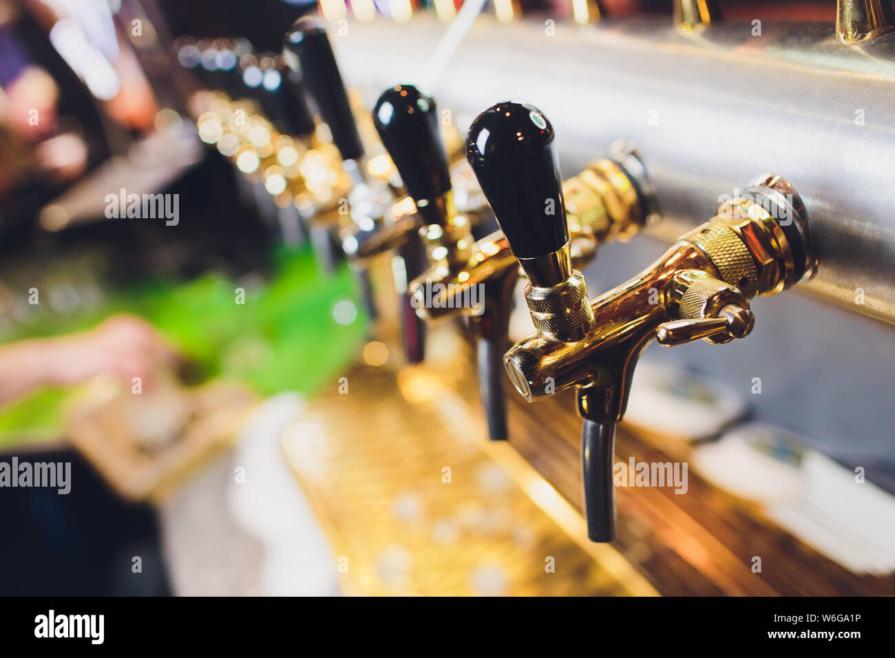 Many beer taps in the beer bar Stock Photo Alamy