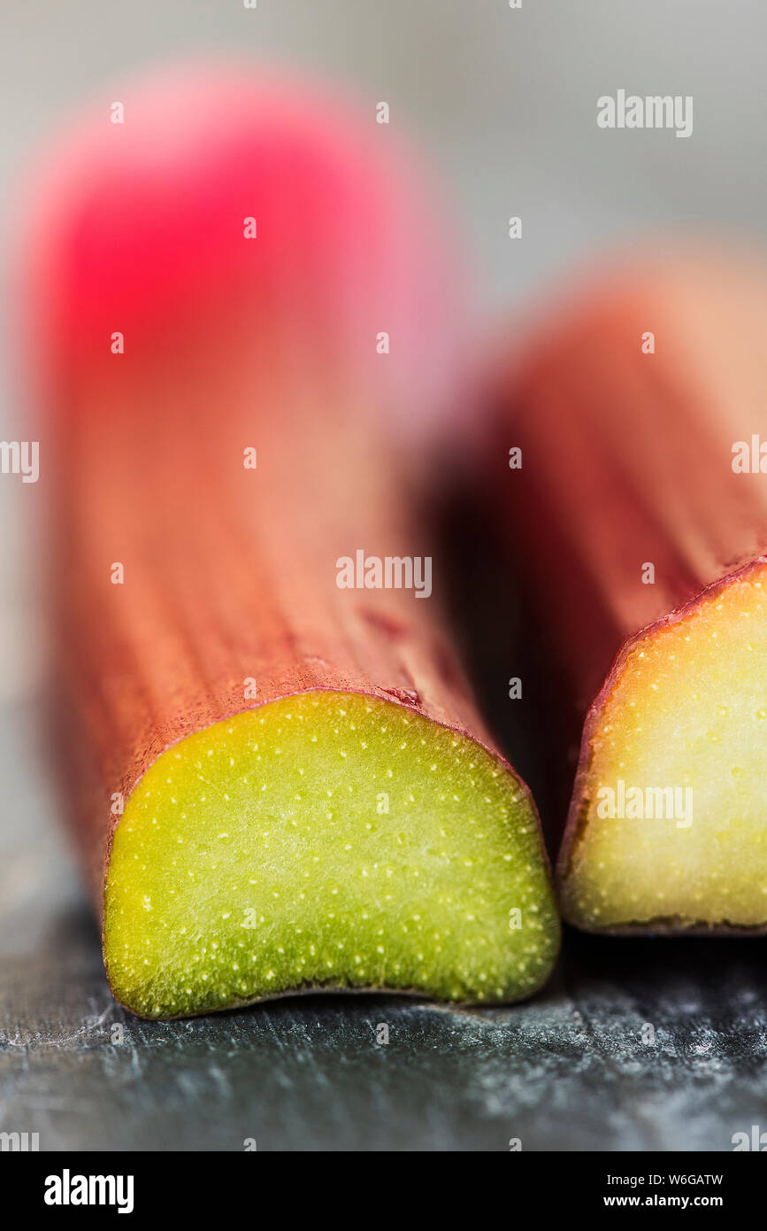 Close up of cut forced rhubarb stems Stock Photo