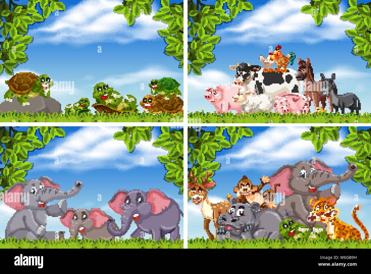 Set of various animals in nature scenes illustration Stock Vector