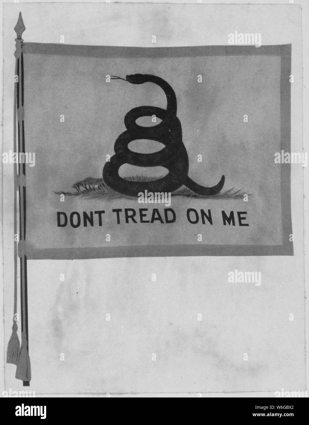Don't Tread On Me. Believed to be the first flag of the Marines and of the Continental Navy. This coiled snake was painted on the drums of the early Marines. Copy of artwork., ca. 1913 - 1937; General notes:  Use War and Conflict Number 26 when ordering a reproduction or requesting information about this image. Stock Photo