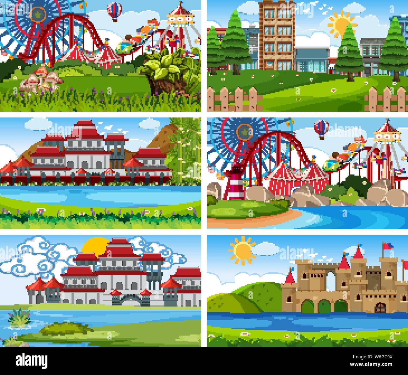 A set of outdoor scene including funfair illustration Stock Vector ...
