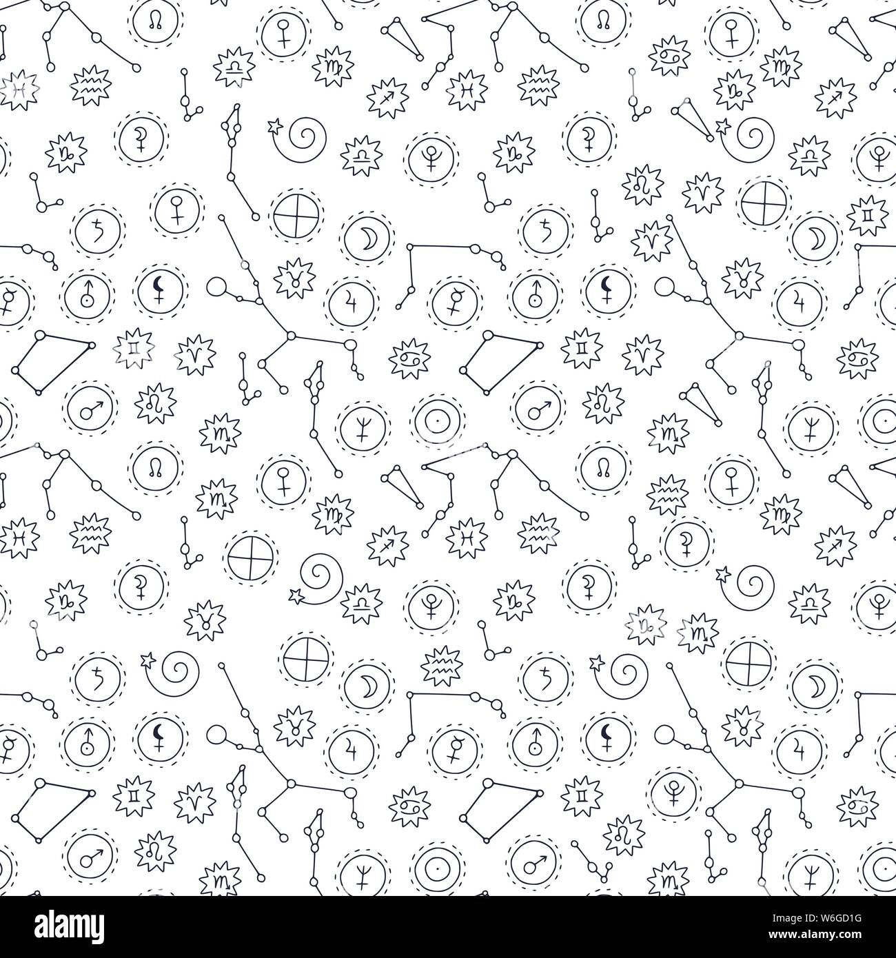 Seamless vector pattern with cosmos doodle illustrations. Astrology handdrawn elements. Stock Vector