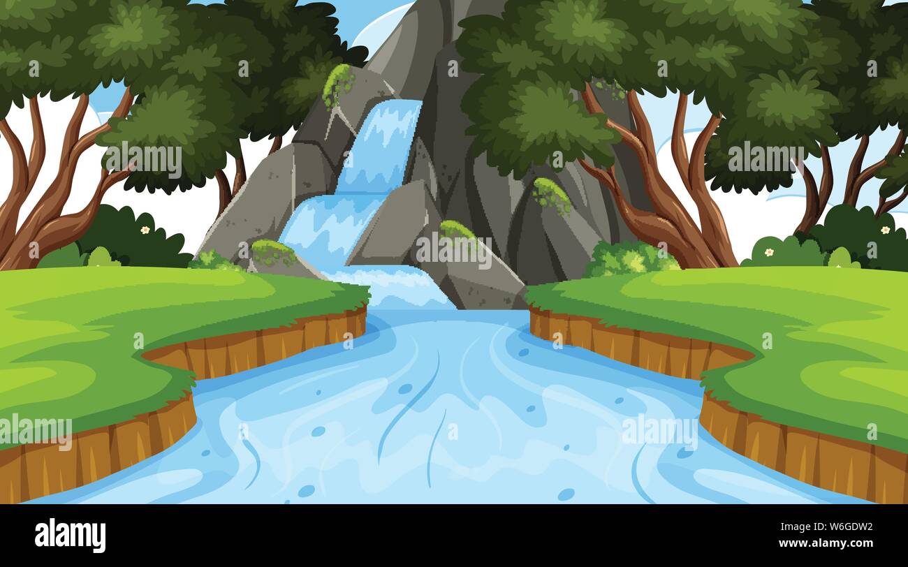 Landscape background design with waterfall in forest illustration Stock  Vector Image & Art - Alamy