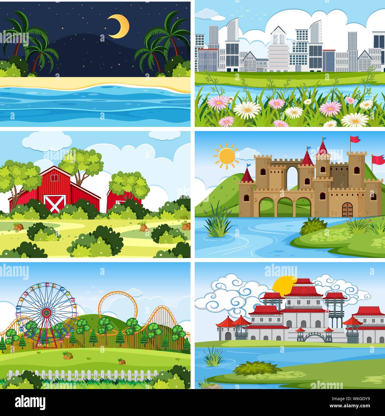 A set of outdoor scene including building illustration Stock Vector ...