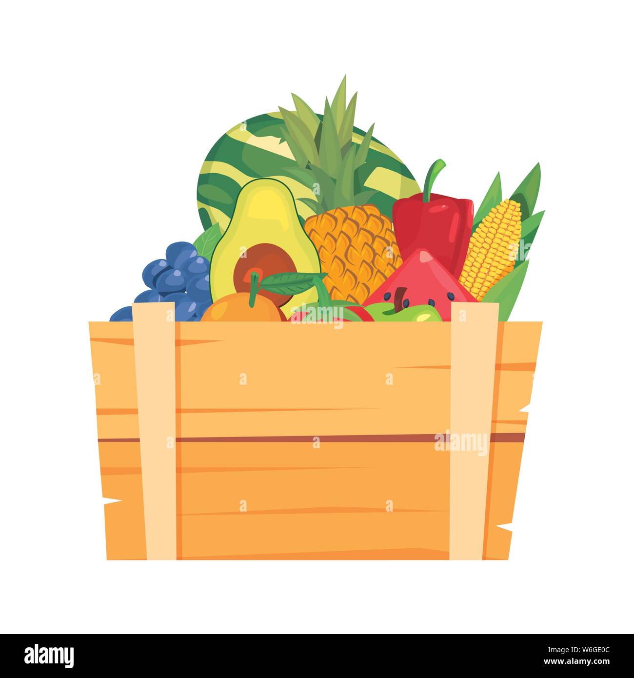 fresh vegetable and fruits in wooden basket vector illustration Stock