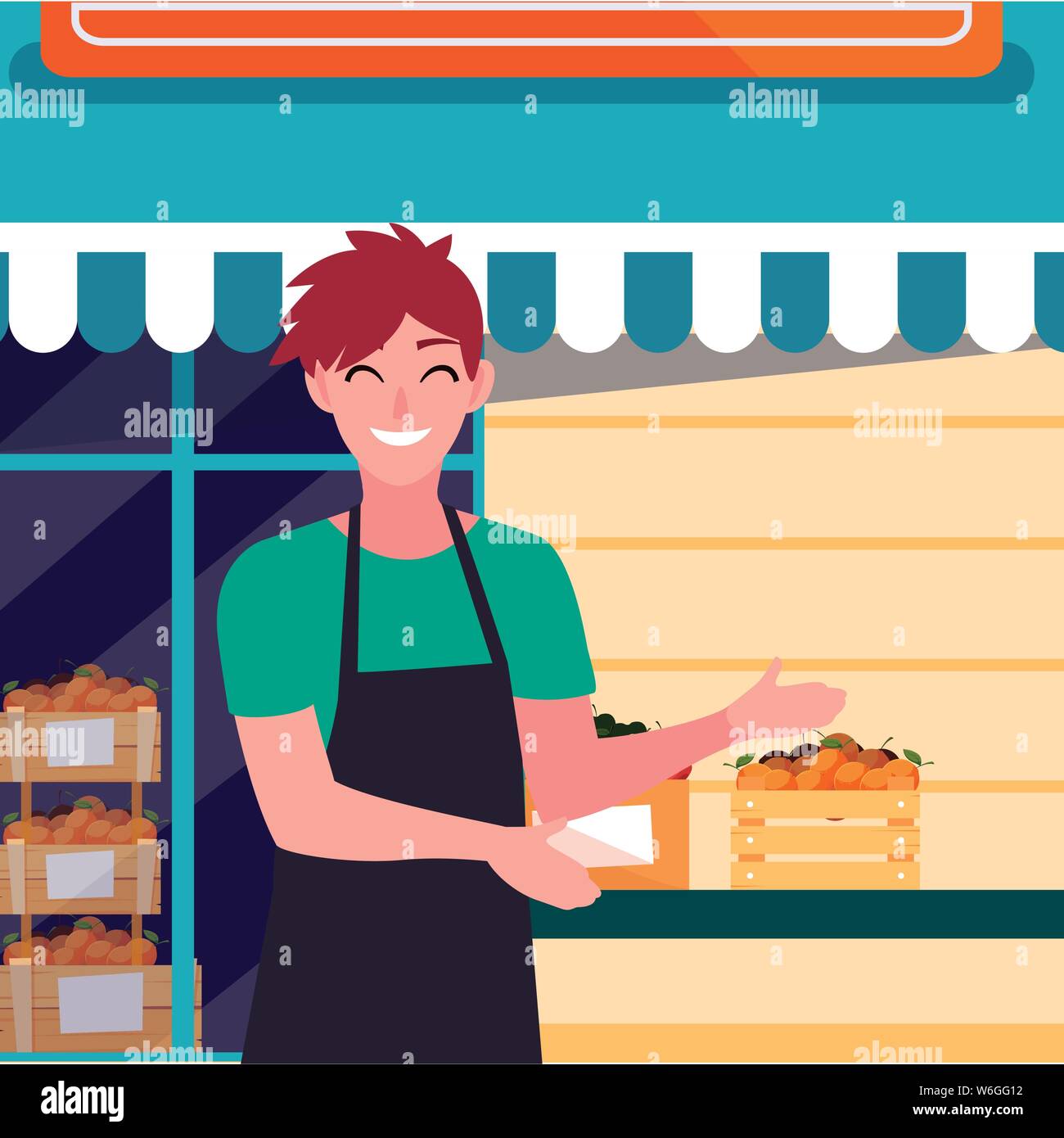seller man farm products grocery street vector illustration Stock