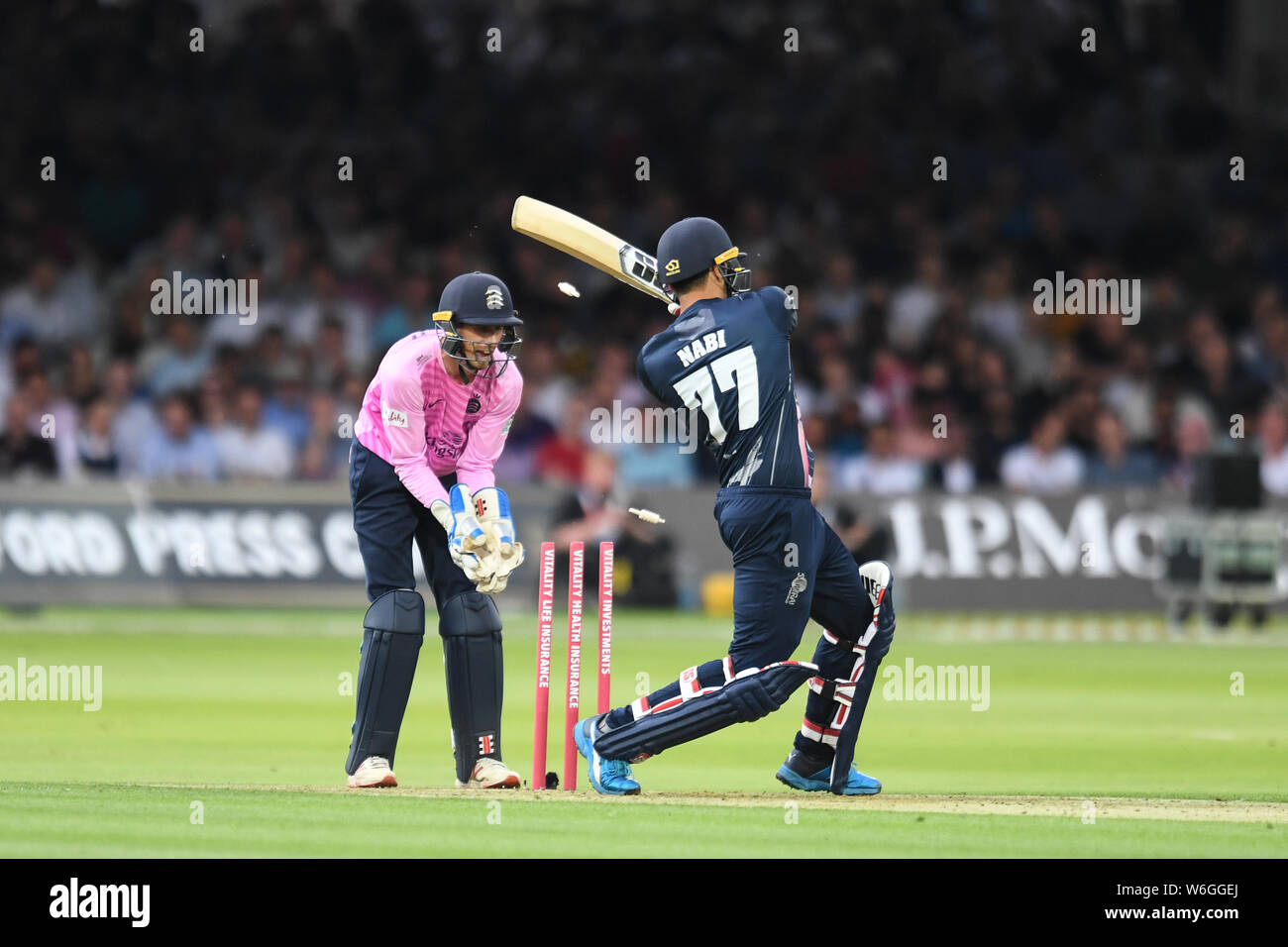 London, UK. 1st Aug, 2019. Mohammad Nabi of Kent Criket Club was balled by Steve Finn of Middlesex during T20 Vitality Blast Fixture between Middesex vs Kent at The Lord Cricket Ground on Thursday, August 01, 2019 in LONDON ENGLAND. Credit: Taka G Wu/Alamy Live News Stock Photo