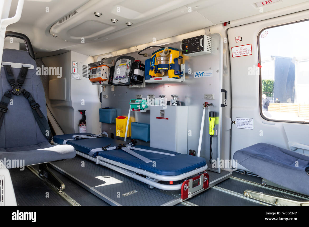 LE BOURGET PARIS - JUN 21, 2019: Interior view of the Kazan Ansat medical helicopter at the Paris Air Show. Stock Photo