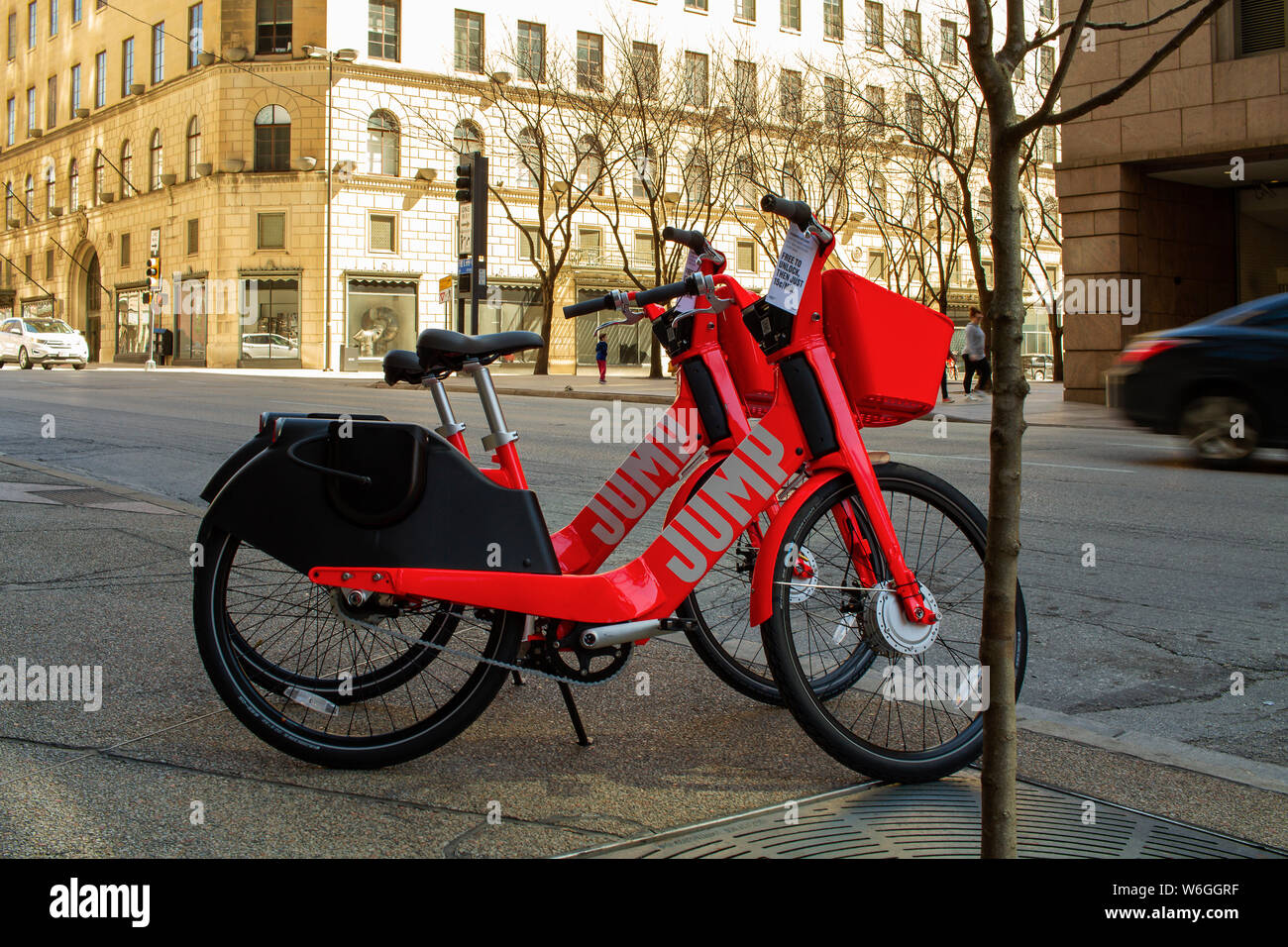 Dallas, Texas, March 16, 2019 Jump electric bikes parked in Dallas