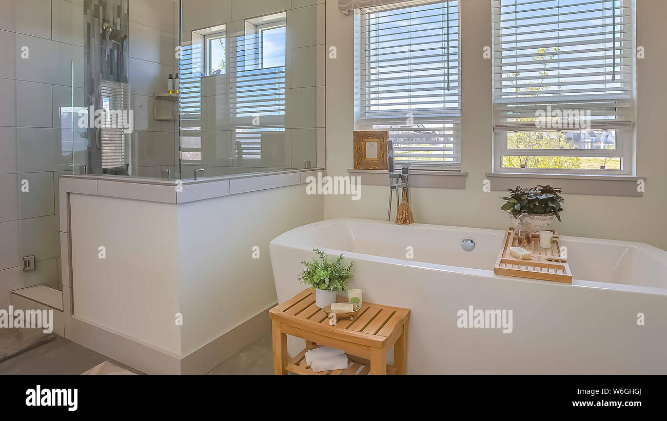 Panorama Bathtub and shower stall in front of windows with valance and