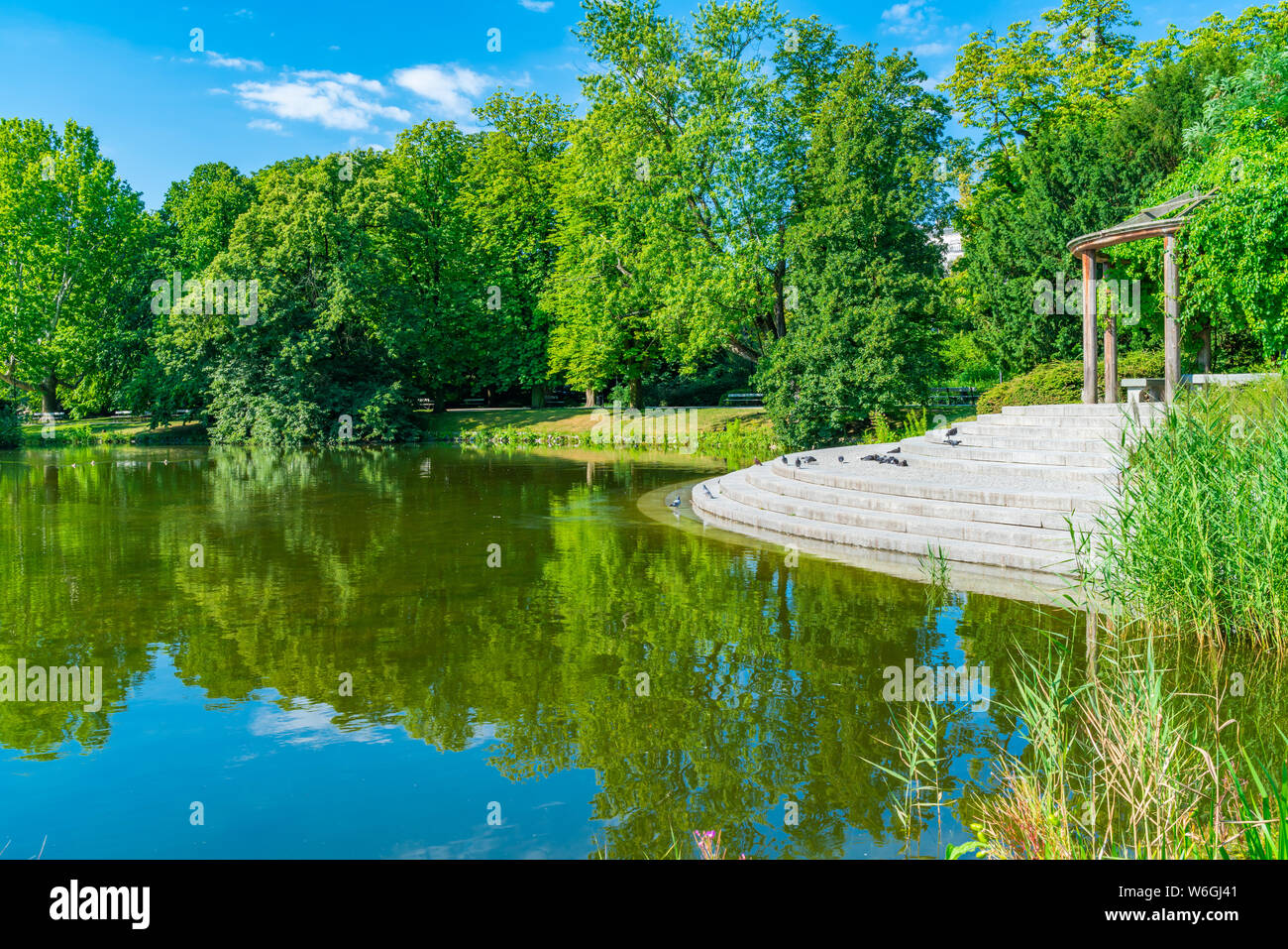 A small lake in Ujazdow Park, public park in Warsaw, Poland Stock Photo