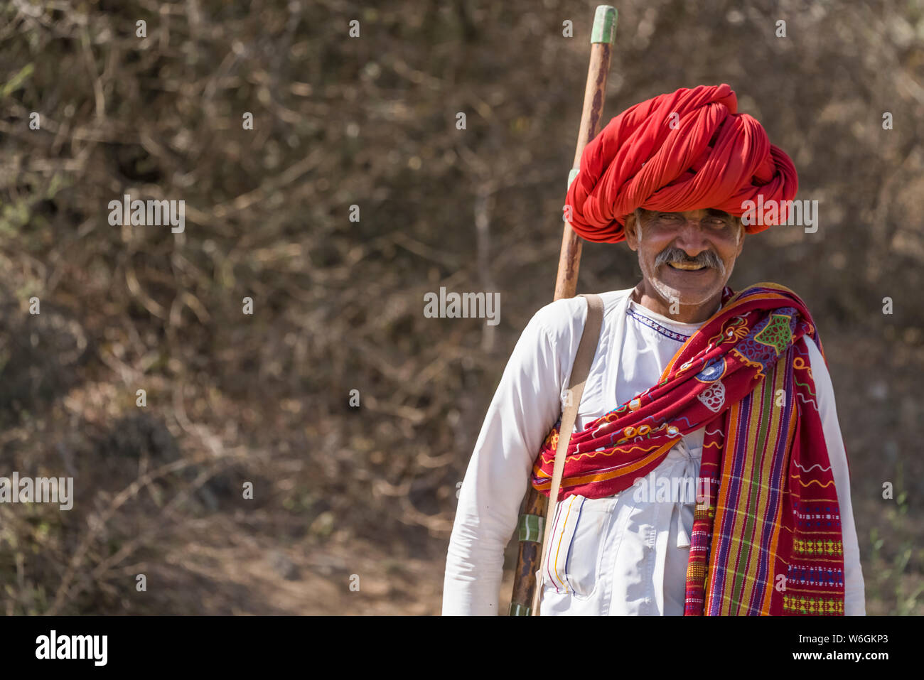 The traditional headwear and clothing by the men in the Jawai region of Northern India; Rajasthan, India Stock Photo