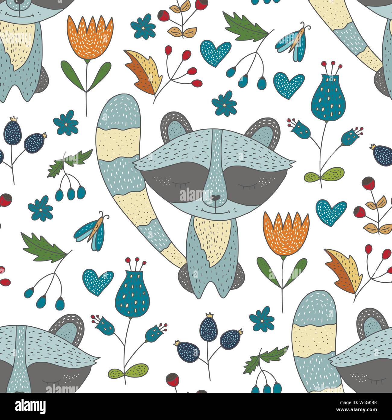 Seamless vector forest pattern with cute color illustrations - sleeping ...