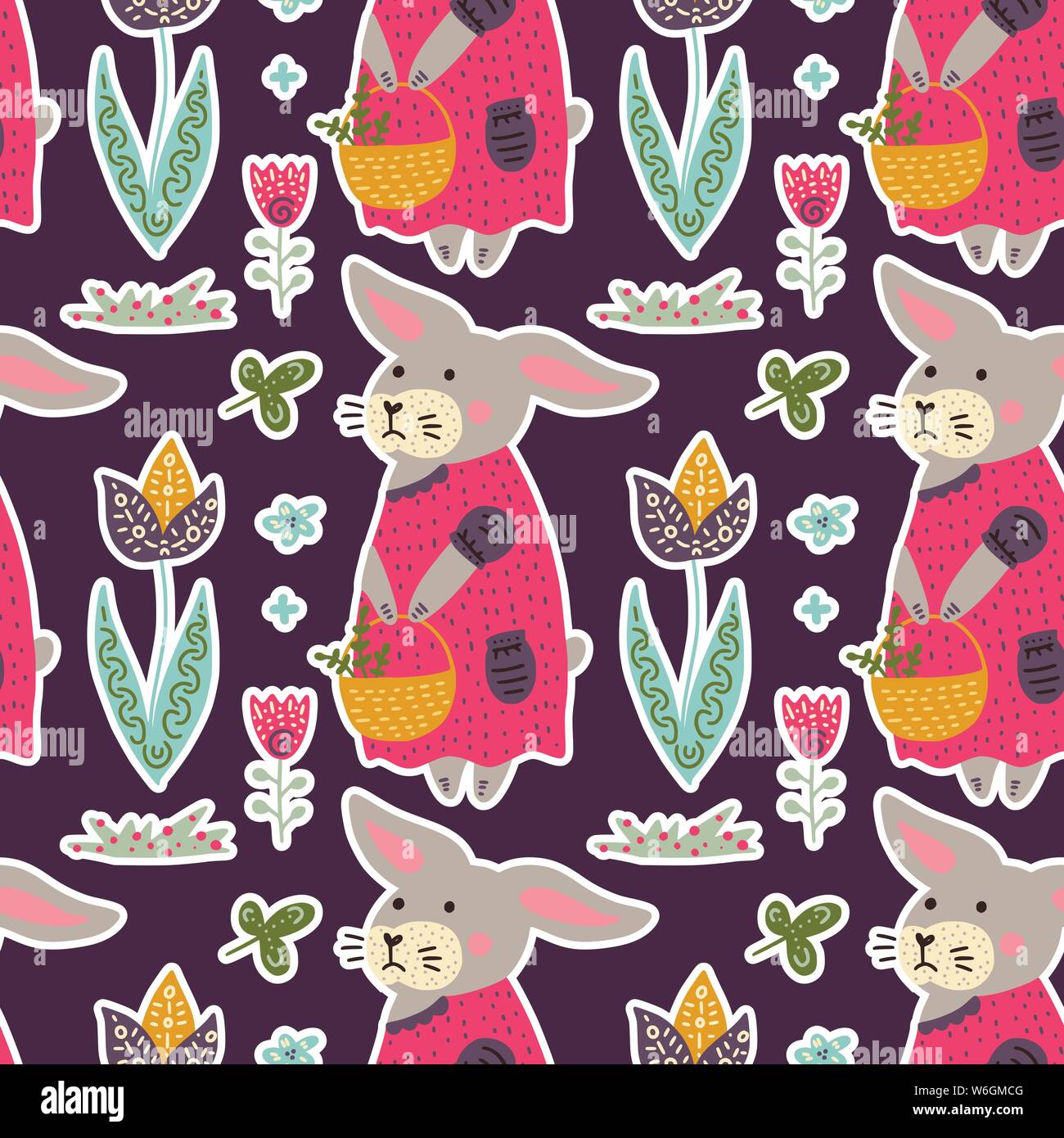 Seamless spring vector pattern with Easter bunny, tulips, Easter basket and eggs, Stock Vector