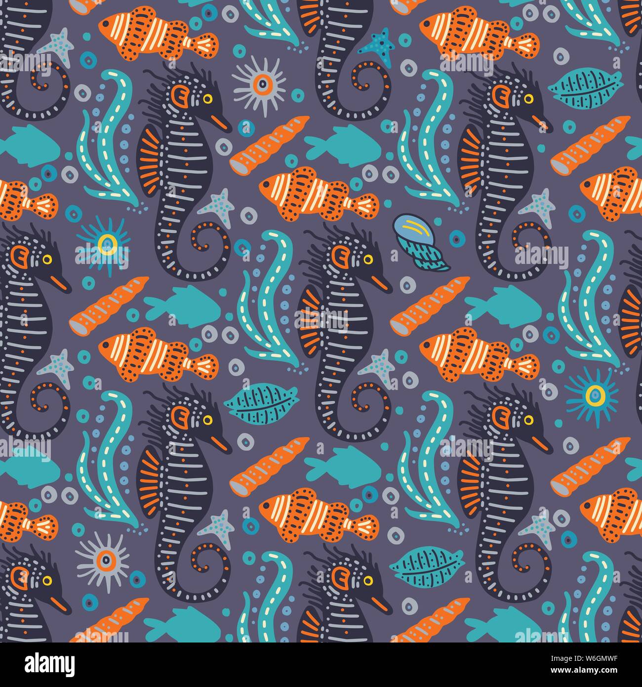 Vector handdrawn sea seamless pattern with various marine animals ...