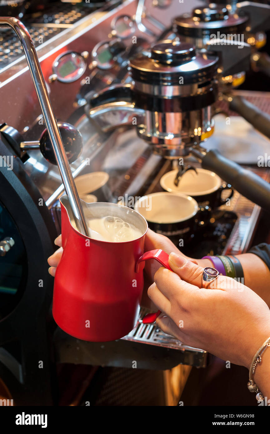 warm up milk for the italian cappuccino, using steam, at the espresso