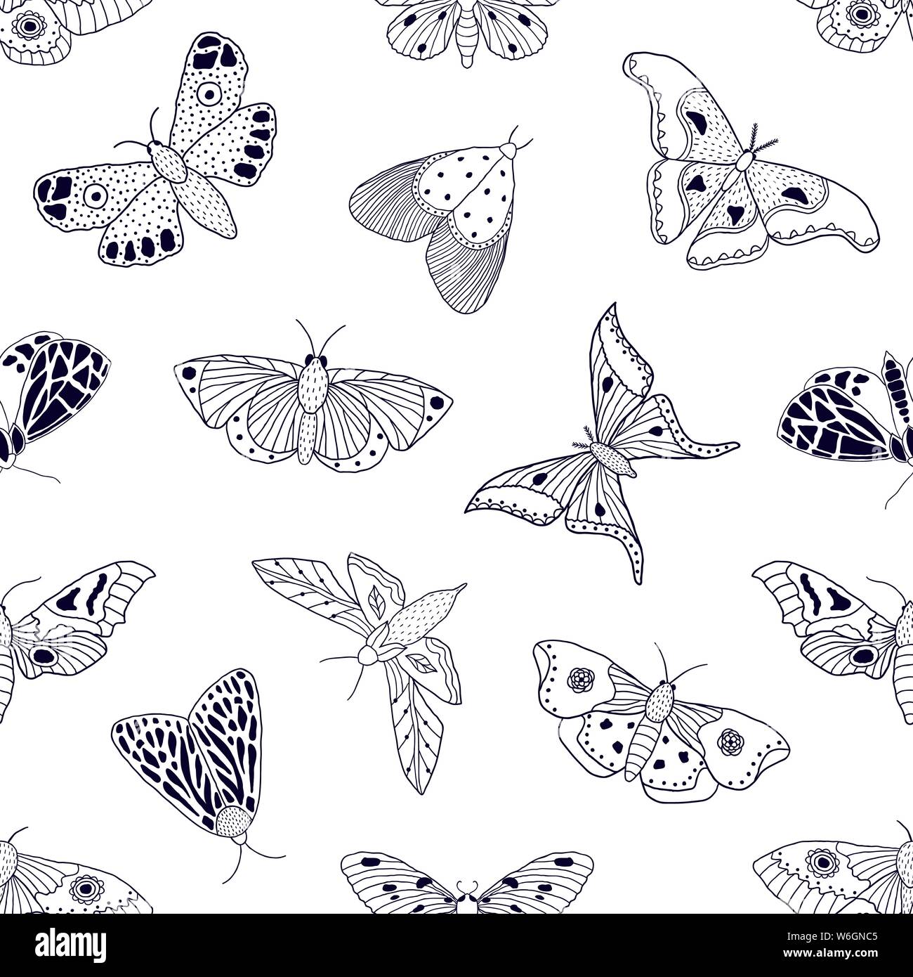 Seamless pattern with hand drawn butterflies and moths on white ...