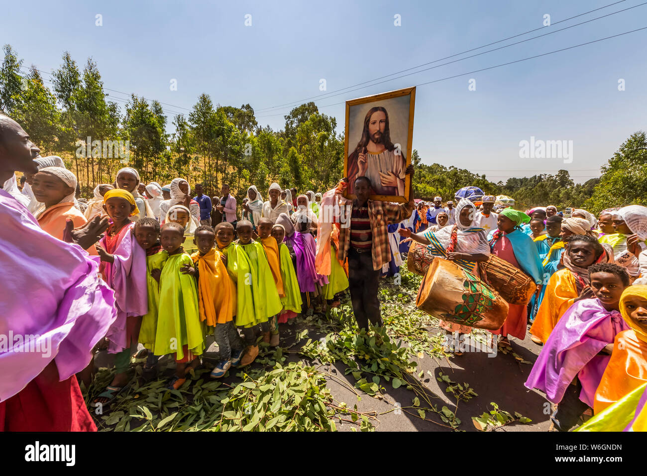 People in a Timkat procession during the Orthodox Tewahedo celebration of Epiphany, celebrated on January 19th Stock Photo